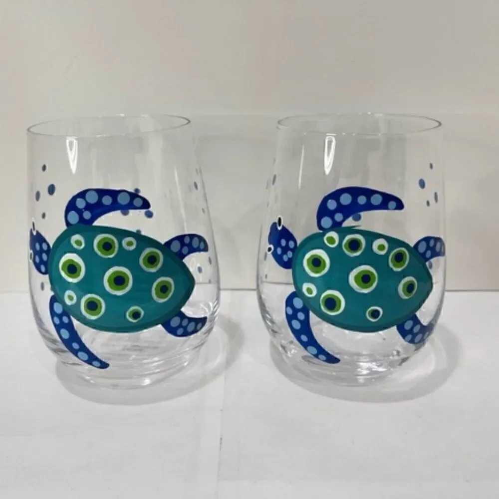 2 Stemless Wine Glasses Turtle - Blue December Diamonds New NWT Excellent - New